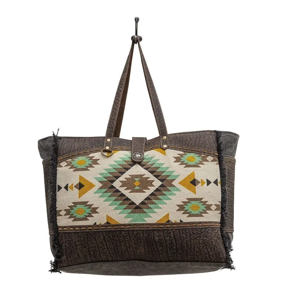 Myra Bag Handmade Flatey Weekender Bag Upcycled Canvas & Cowhide Leather